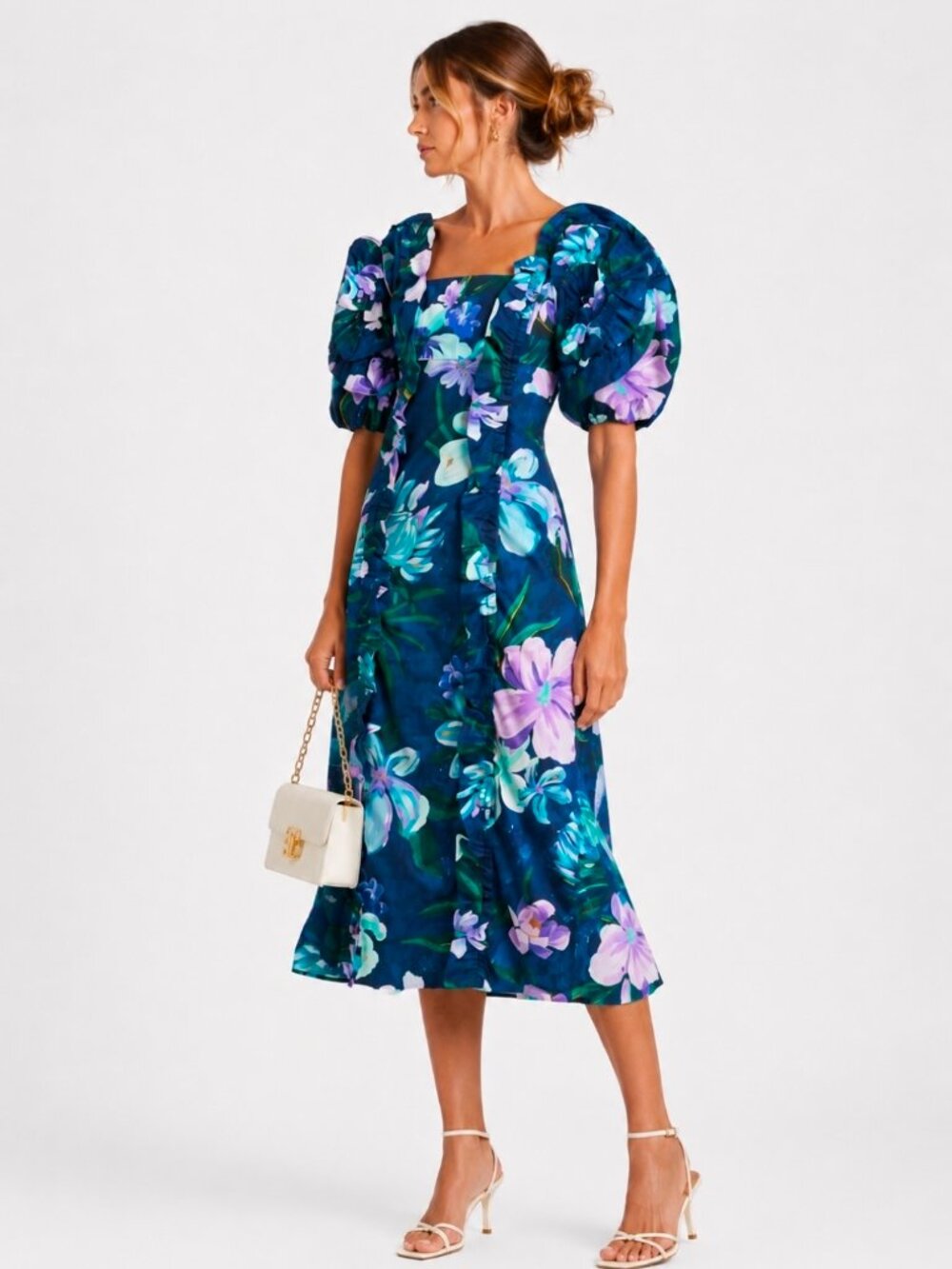 NWT Farm Rio Ruffled Floral Print Cotton Poplin Midi Dress Puff Sleeve SZ M